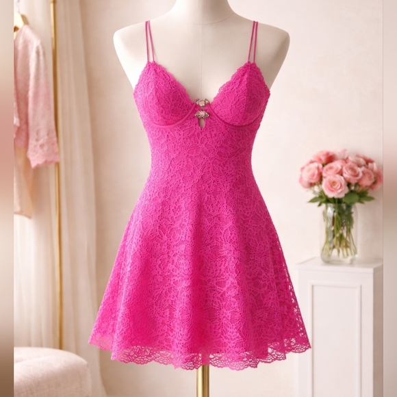NWT For Love & Lemons Creamsicle Pink Lace Dress Size Large Romantic Lace
